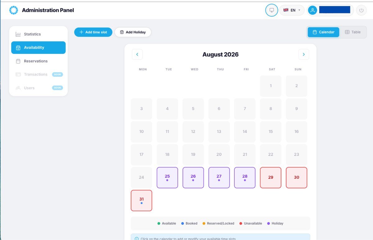 Administration panel: Statistics, Availability and Reservations tabs; a calendar with available slots, holidays and unavailable days, plus buttons to add time slots and holidays