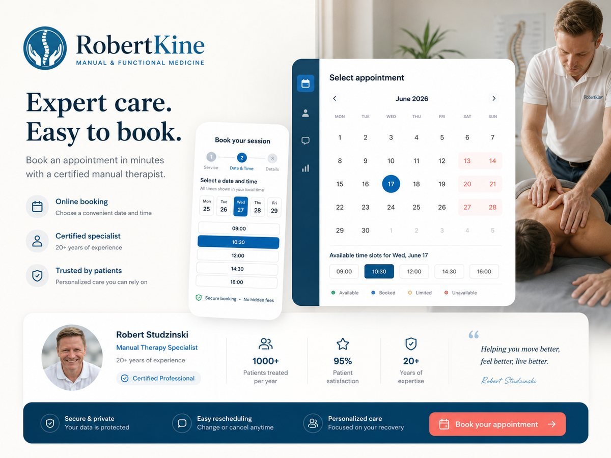 RobertKine booking: “Expert care. Easy to book.”, the appointment calendar with time slots, and the therapist’s profile with patient statistics
