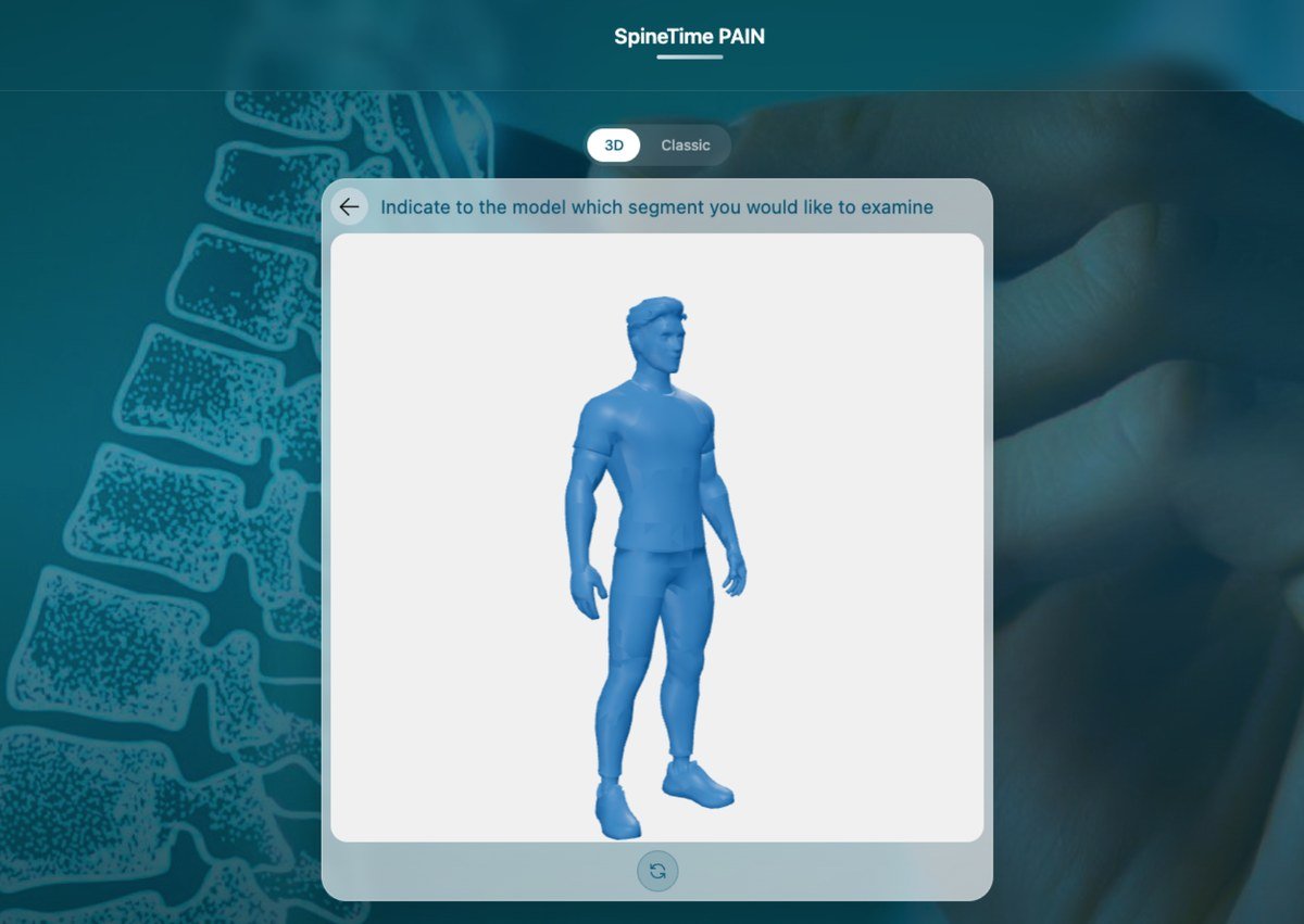 SpineTime PAIN: a 3D male model on which the patient marks the segment to examine