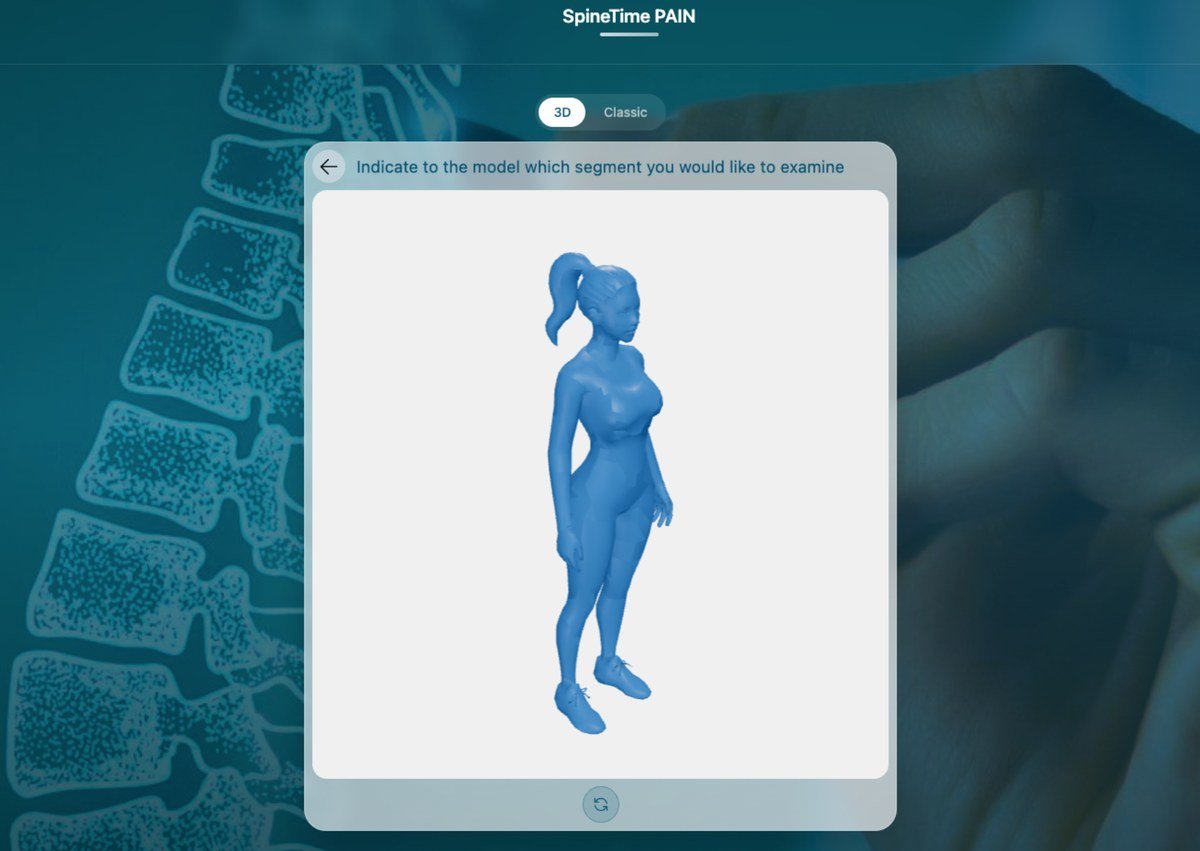 SpineTime PAIN: a 3D female model in side view, with the 3D / Classic toggle
